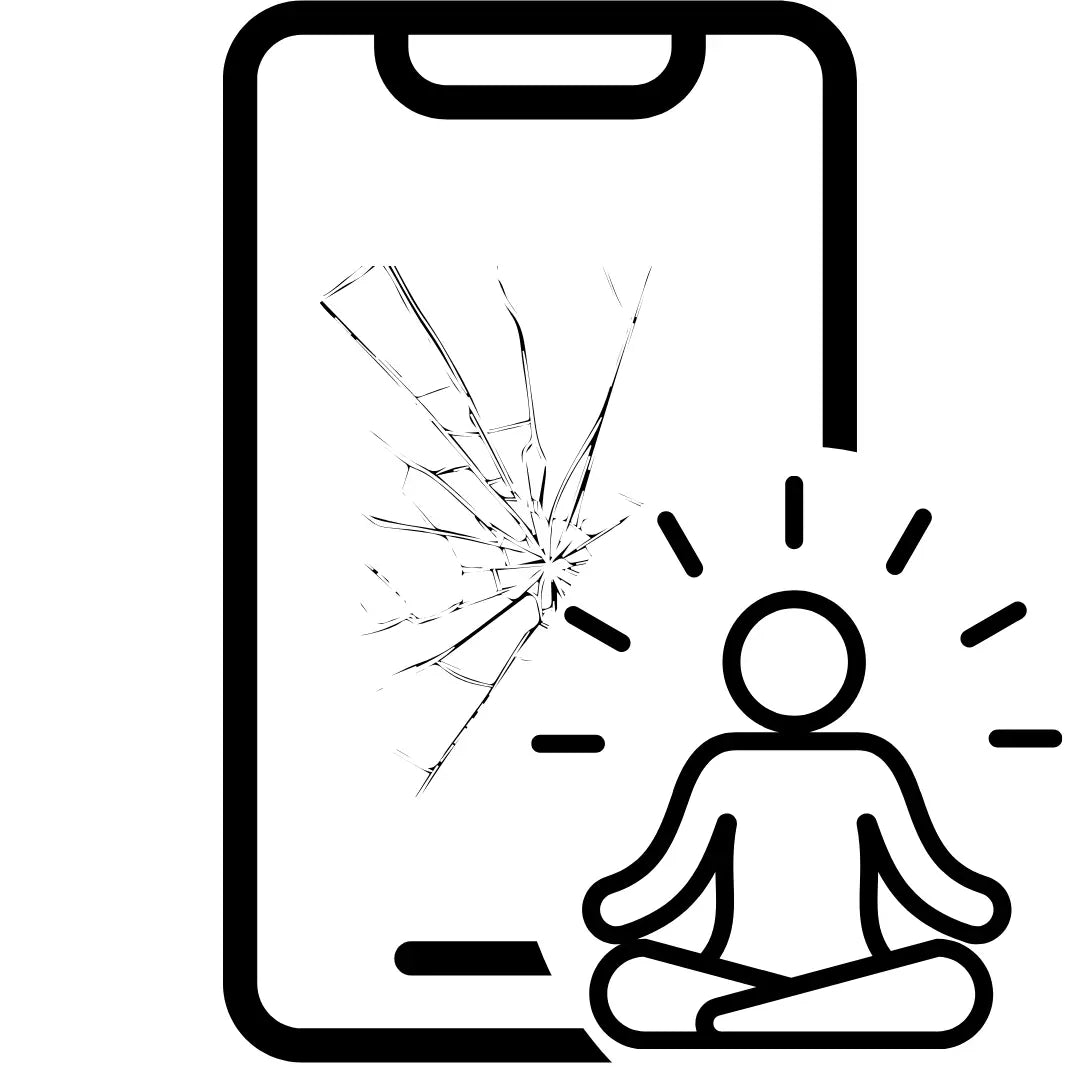 Phone with a cracked screen and a person meditating inside, symbolizing stress relief.
