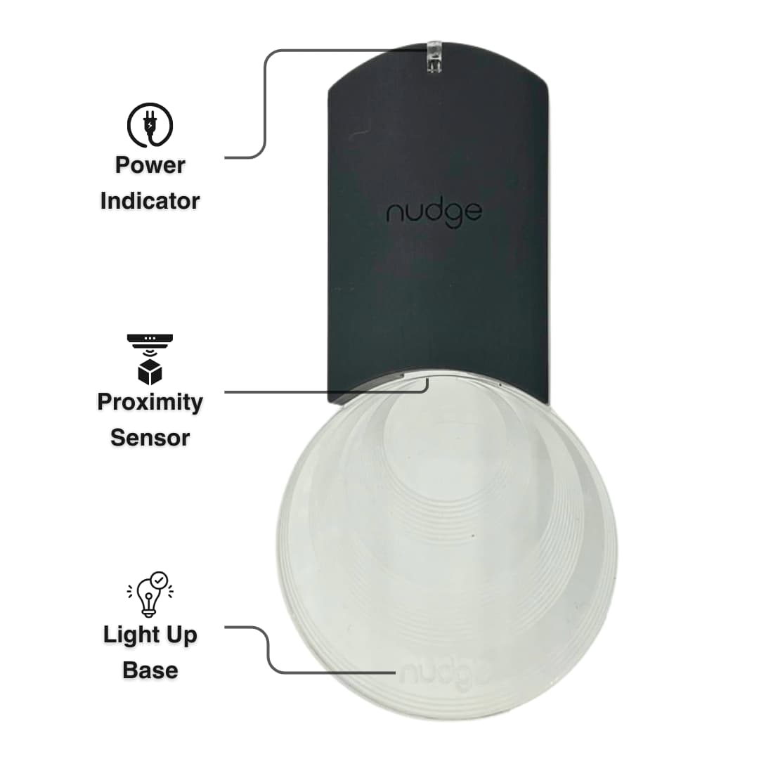 Nudge Medication Tracking Device with description of components.  Top down view