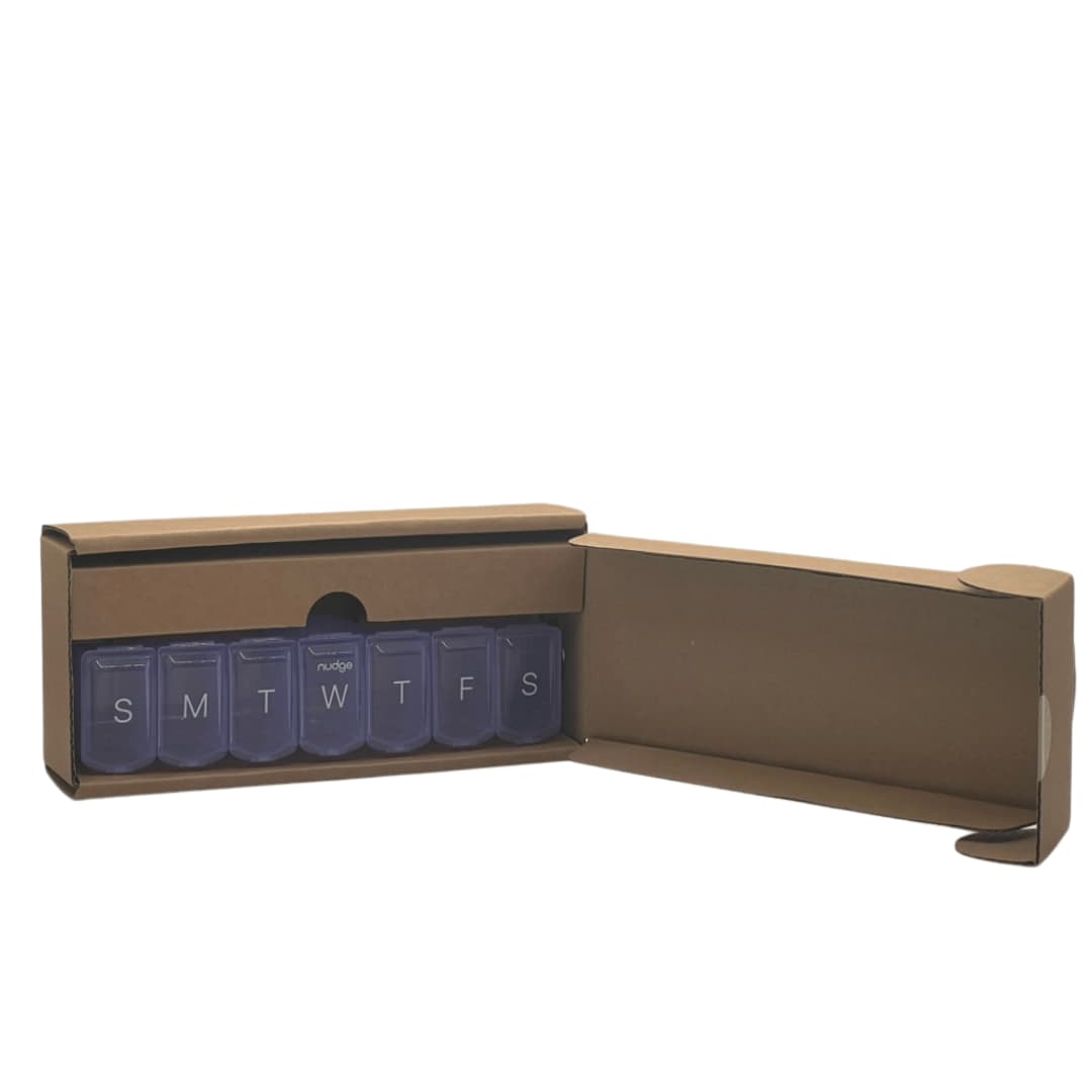 Nudge Weekly Medication Organizer & Stand in packaging